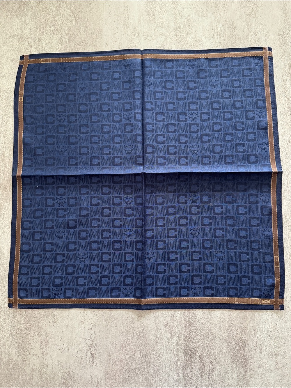 MCM Navy Blue Monogram Pocket Square cotton with Brown Trim